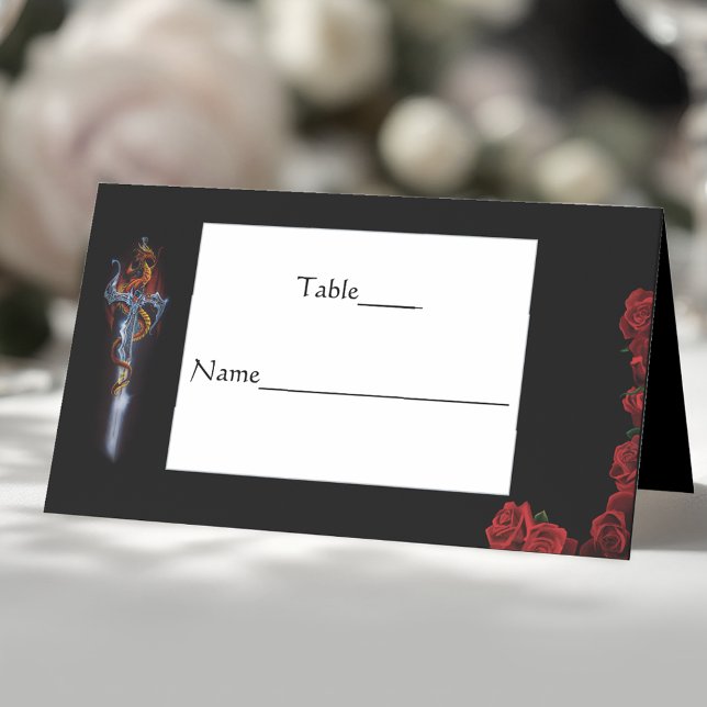 Bold Black Fantasy Dragon Sword Red Roses Place Card (Creator Uploaded)
