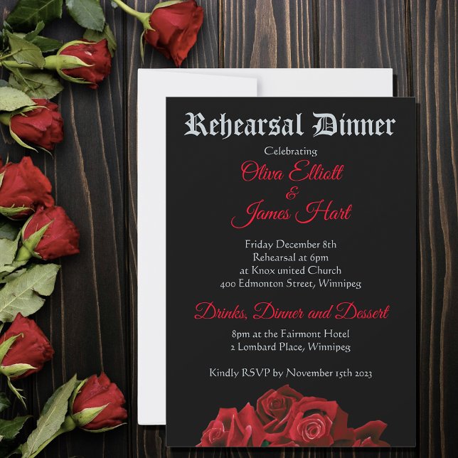 Bold Black Fantasy Dragon Sword Red Roses Rehersal Invitation (Creator Uploaded)