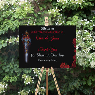 Bold Black Fantasy Dragon Sword Red Roses Sign