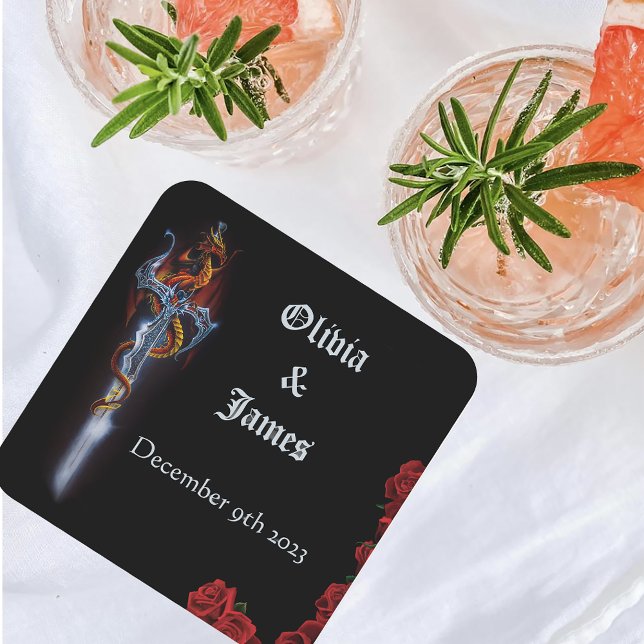 Bold Black Fantasy Dragon Sword Red Roses Square Paper Coaster (Creator Uploaded)