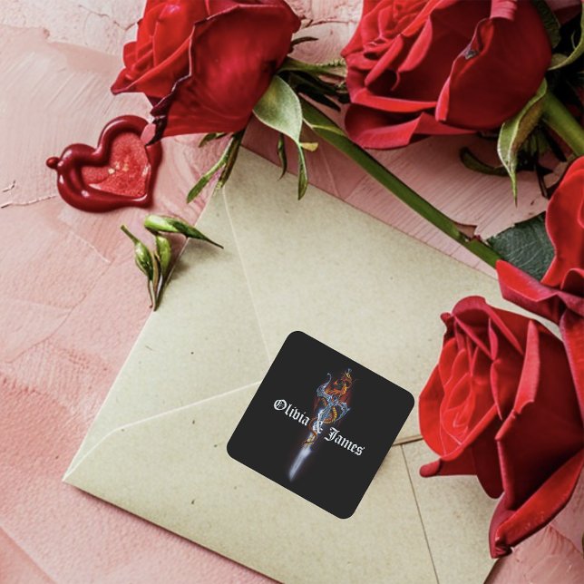Bold Black Fantasy Dragon Sword Red Roses  Square Sticker (Creator Uploaded)