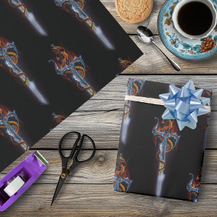 Bold Black Fantasy Dragon Sword Red Roses Wrapping Paper