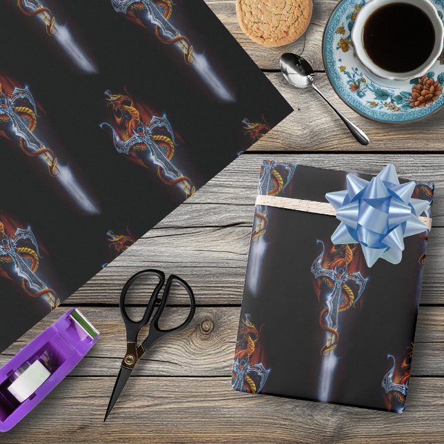 Bold Black Fantasy Dragon Sword Red Roses Wrapping Paper (Creator Uploaded)