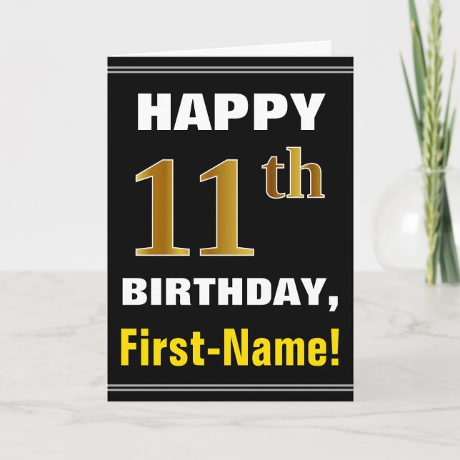 Bold, Black, Faux Gold 11th Birthday w/ Name Card (Front)