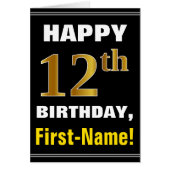 Bold, Black, Faux Gold 12th Birthday w/ Name Card (Front)