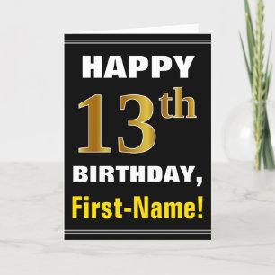 Bold, Black, Faux Gold 13th Birthday w/ Name Card