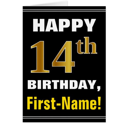 Bold Black Faux Gold 14th Birthday w Name Card