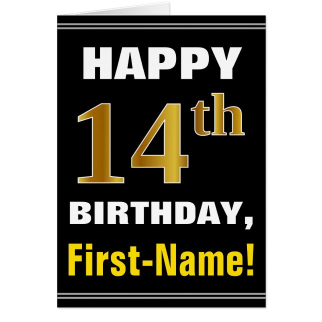 Bold, Black, Faux Gold 14th Birthday w/ Name Card (Front)