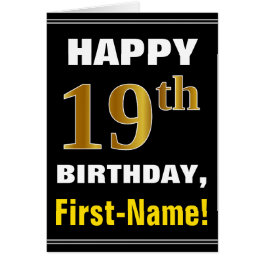 Bold, Black, Faux Gold 19th Birthday w/ Name Card