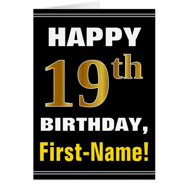 Bold, Black, Faux Gold 19th Birthday w/ Name Card (Front)