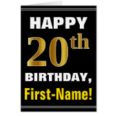 Bold, Black, Faux Gold 20th Birthday w/ Name Card (Front)
