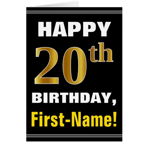 Bold Black Faux Gold 20th Birthday w Name Card