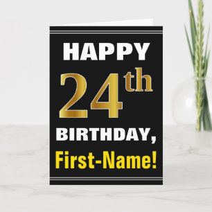 Bold, Black, Faux Gold 24th Birthday w/ Name Card