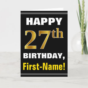 Bold, Black, Faux Gold 27th Birthday w/ Name Card