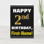 [ Thumbnail: Bold, Black, Faux Gold 2nd Birthday W/ Name Card ]