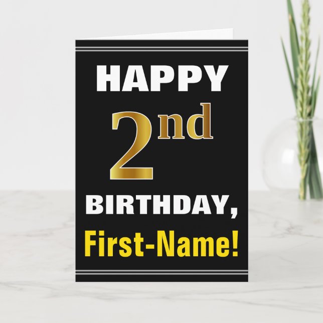 Bold, Black, Faux Gold 2nd Birthday w/ Name Card (Front)