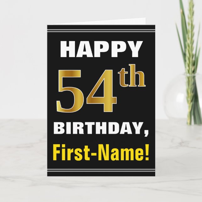 Bold, Black, Faux Gold 54th Birthday w/ Name Card (Front)