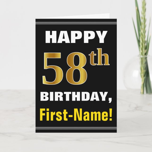 Bold, Black, Faux Gold 58th Birthday w/ Name Card (Front)