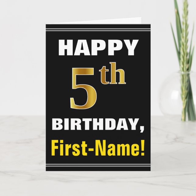 Bold, Black, Faux Gold 5th Birthday w/ Name Card (Front)