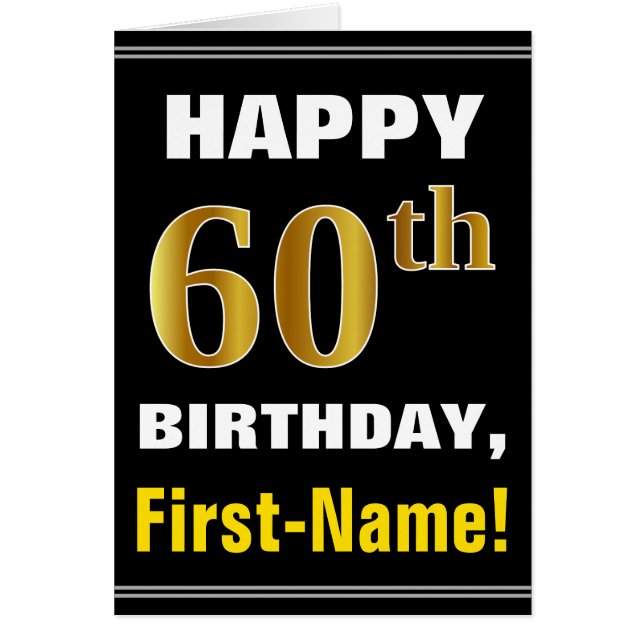 Bold, Black, Faux Gold 60th Birthday w/ Name Card (Front)