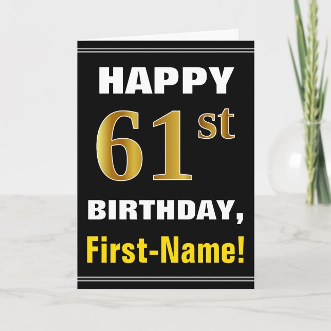 Bold, Black, Faux Gold 61st Birthday w/ Name Card (Front)