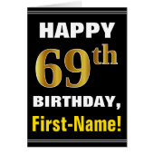 Bold, Black, Faux Gold 69th Birthday w/ Name Card (Front)
