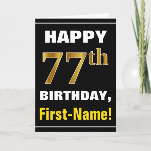 Bold, Black, Faux Gold 77th Birthday w/ Name Card