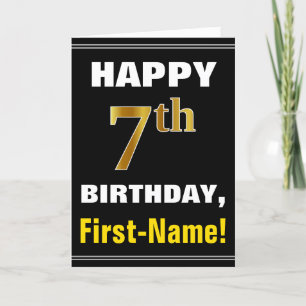 Bold, Black, Faux Gold 7th Birthday w/ Name Card