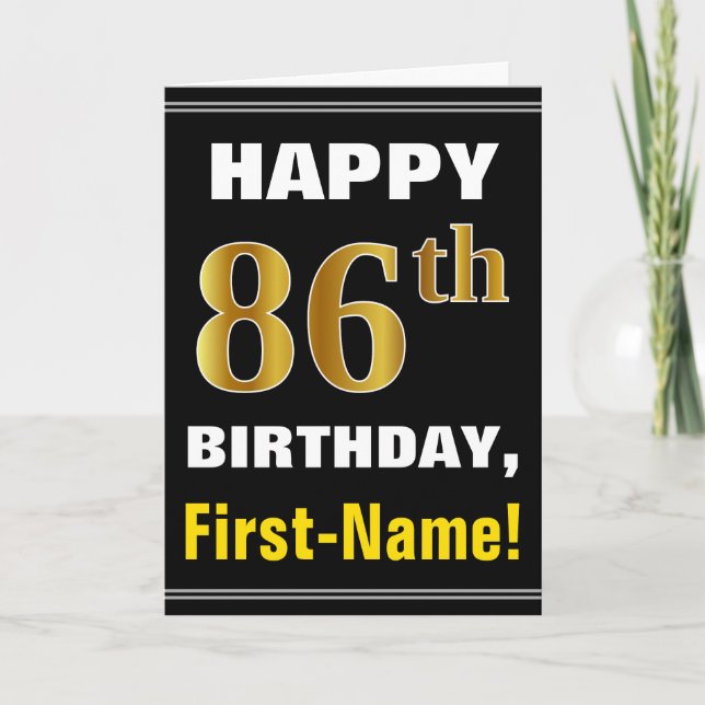 Bold, Black, Faux Gold 86th Birthday w/ Name Card (Front)