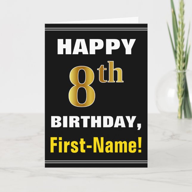 Bold, Black, Faux Gold 8th Birthday w/ Name Card (Front)