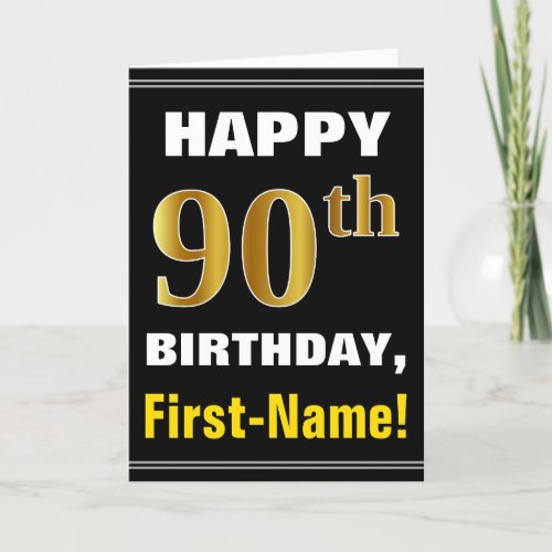 Bold Black Faux Gold 90th Birthday w Name Card