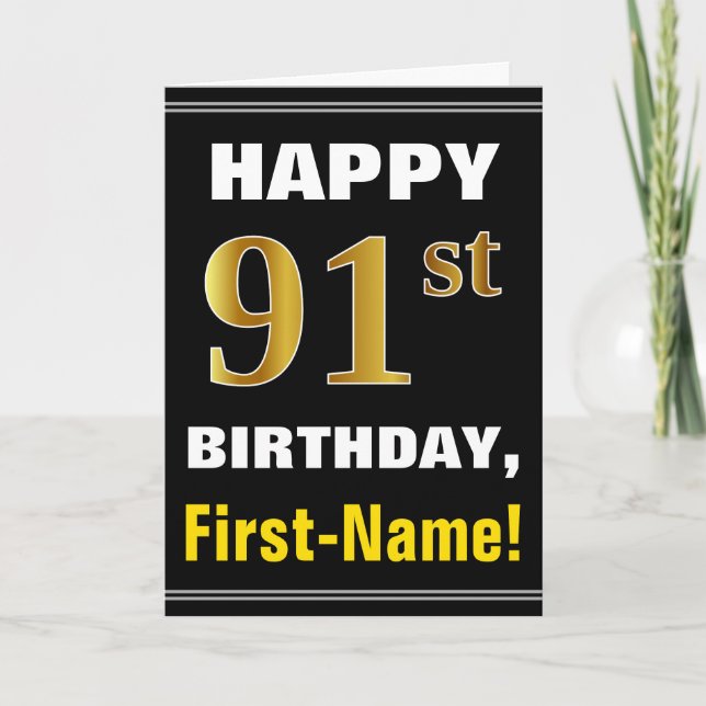 Bold, Black, Faux Gold 91st Birthday w/ Name Card (Front)