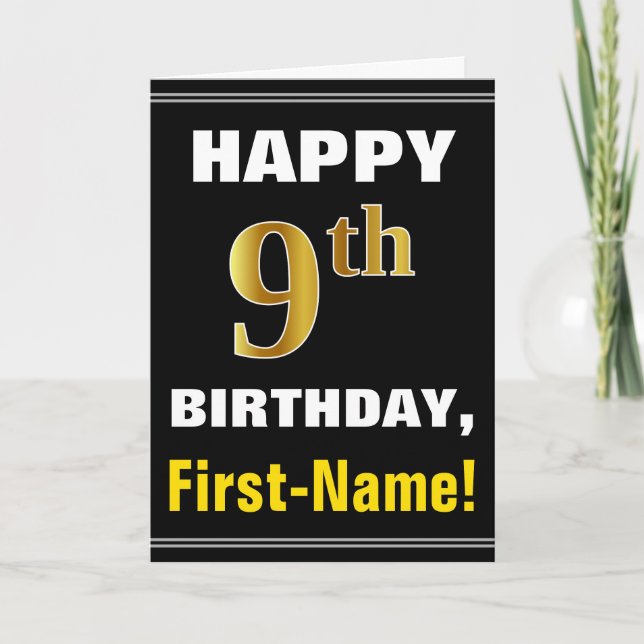 Bold, Black, Faux Gold 9th Birthday w/ Name Card (Front)