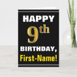 [ Thumbnail: Bold, Black, Faux Gold 9th Birthday W/ Name Card ]