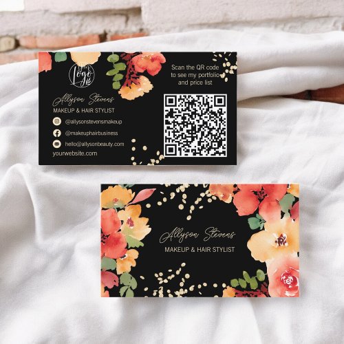 Bold black floral gold makeup hair logo qr code business card