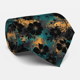 Bold Black Floral Silhouette with Teal & Mustard Neck Tie
