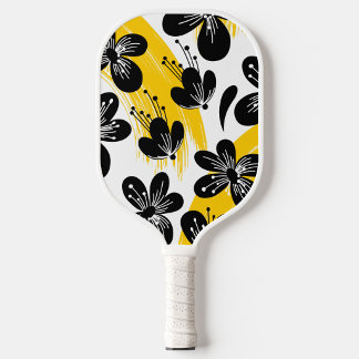 Bold Black Floral with Yellow Brushstroke accents Pickleball Paddle