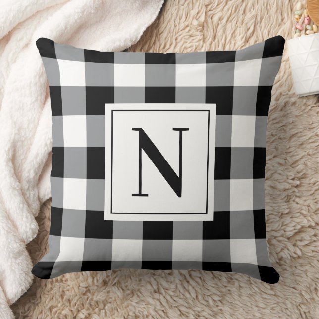 Bold Black Gingham Check Monogram Initial Throw Pillow (Blanket)