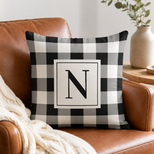 Bold Black Gingham Check Monogram Initial Throw Pillow