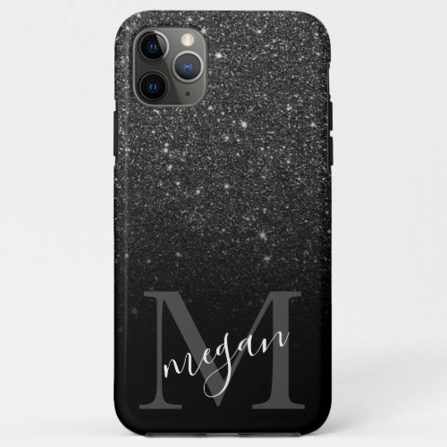 Bold black glitter ombre  elegant monogrammed iPhone 11 pro max case