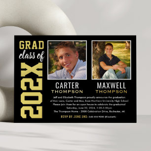Bold Black Gold 2026 Two Graduate Photo Party Foil Invitation