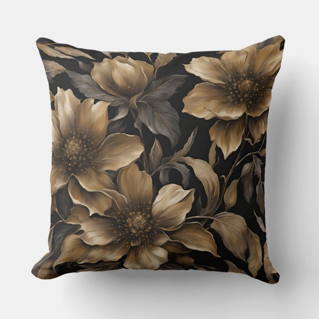 Bold Black Gold Floral Print Throw Pillow (Front)
