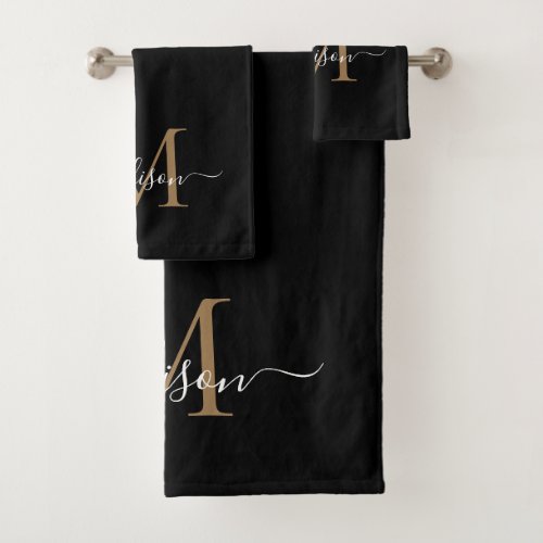 Bold Black Gold Monogram Modern Script Name Bath Towel Set