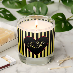 Bold Black Gold Stripes Black Heart Gold Initial Scented Candle