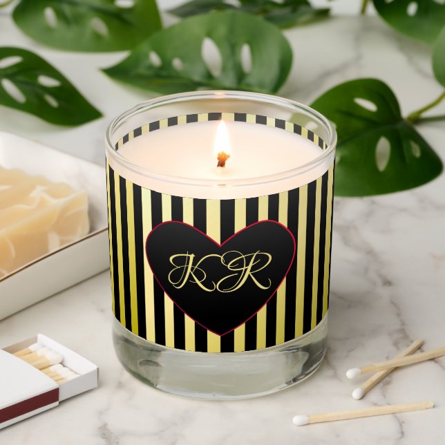 Bold Black Gold Stripes Black Heart Gold Initial Scented Candle (Lit)