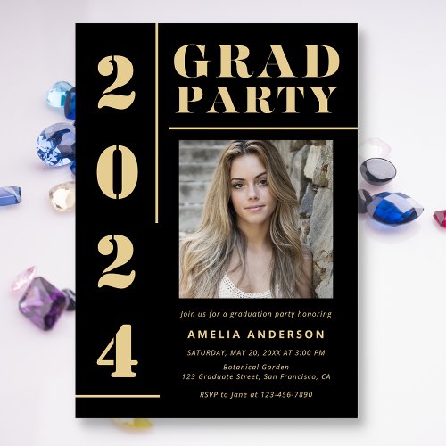 Bold Black Gold Typography Photo Graduation Party Invitation