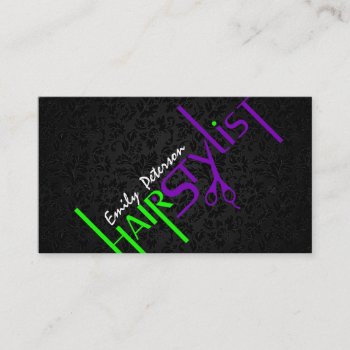 Bold Black Green And Purple Hair Stylist Text 2 Business Card by gogaonzazzle at Zazzle