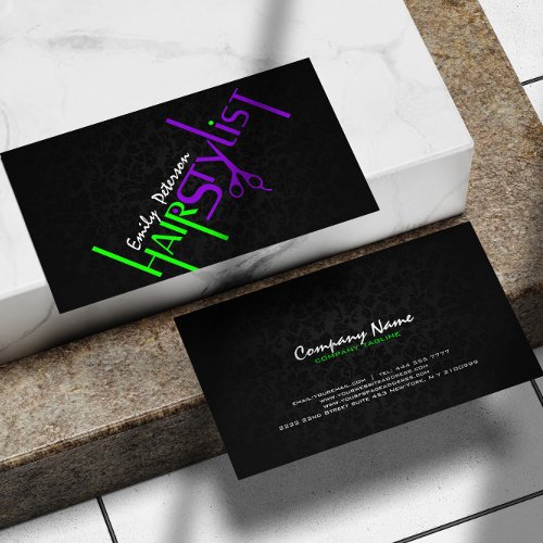 Bold Black Green And Purple Hair Stylist Text 2 Business Cards