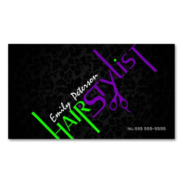 Bold Black Green And Purple Hair Stylist Text 2 Magnetic Business Card (Front)