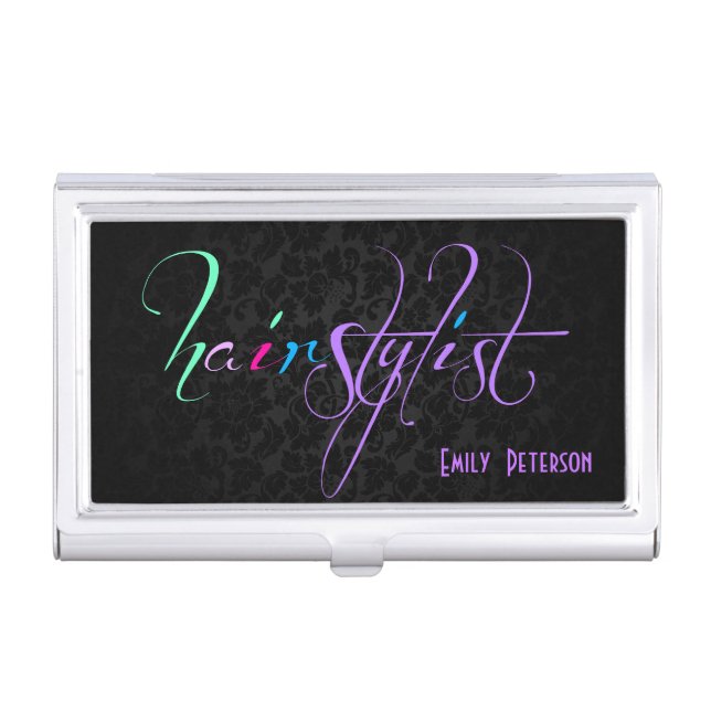 Bold Black Green And Purple Hair Stylist Text 3 Business Card Case (Front)
